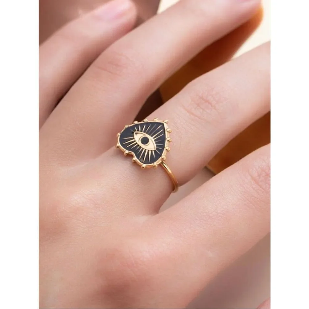 Gold Eye Heart Ring with Black Enamel A2012